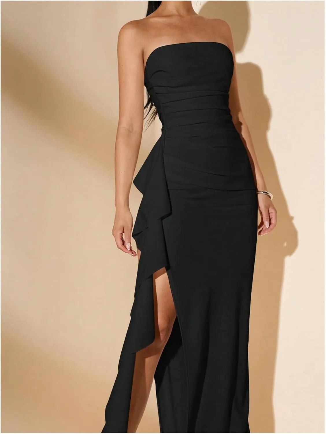 WDIRARA Women's Ruffle High Split Strapless Bodycon Dress Cocktail Wedding Party Maxi Dresses