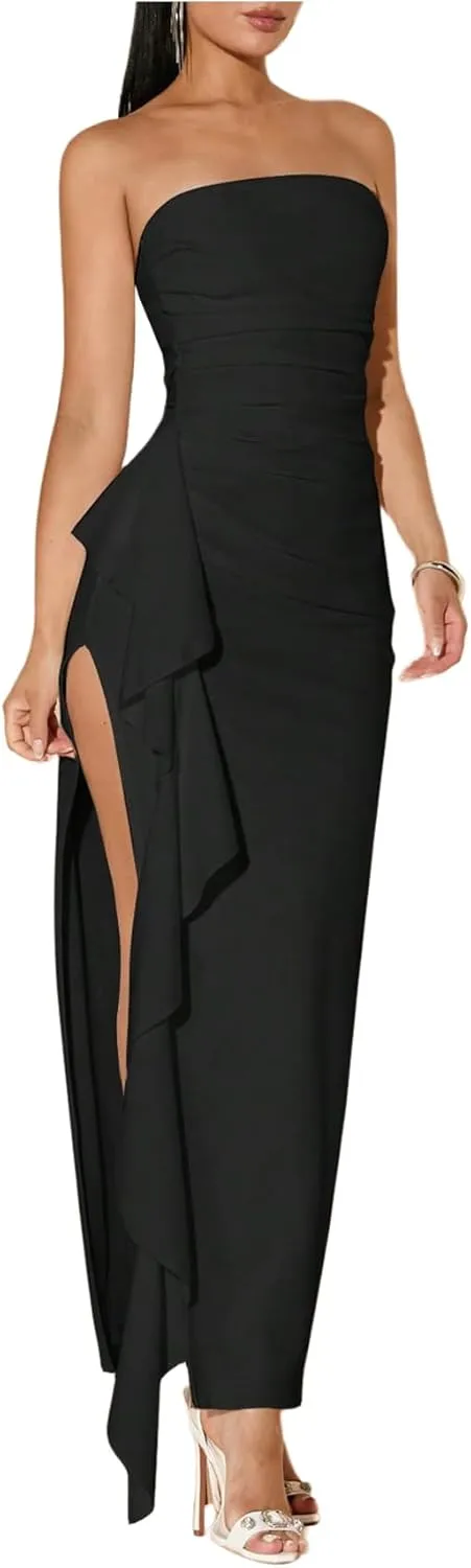 WDIRARA Women's Ruffle High Split Strapless Bodycon Dress Cocktail Wedding Party Maxi Dresses