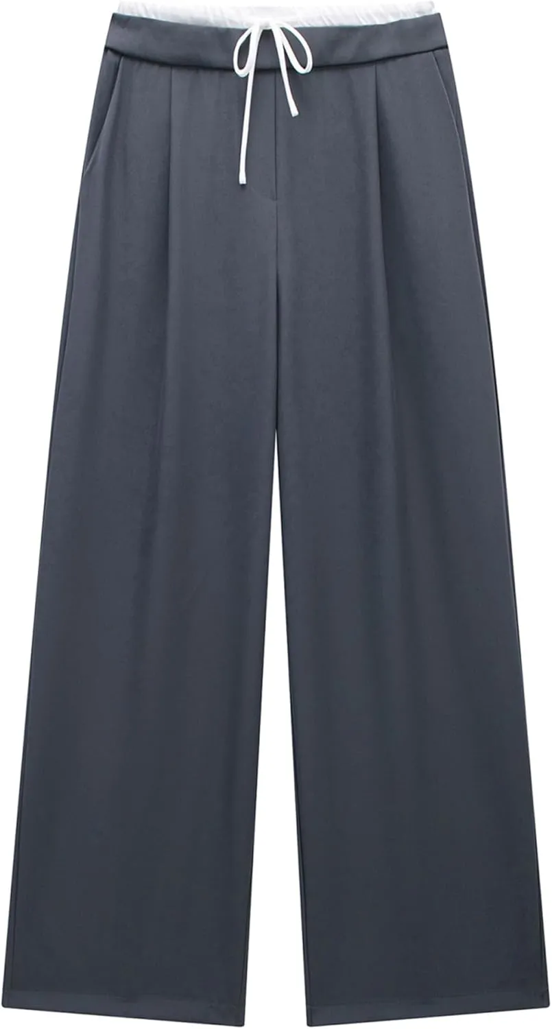 Wide Leg High Waisted Dress Pants Womens Elastic Waist Business Casual Trousers Work Pants with Pockets