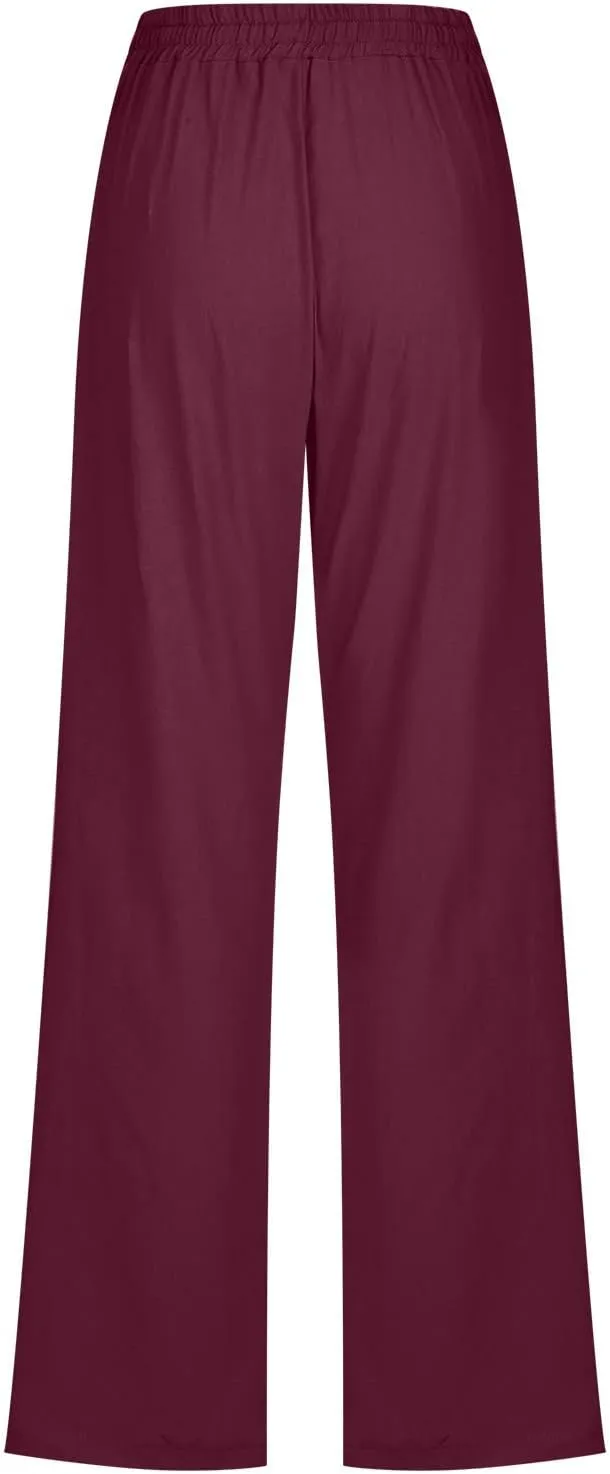 Wide Leg Pants Woman Cotton Linen Summer Pants Straight Leg Elastic Waist Trousers High Waisted Drawstring Pant 2025