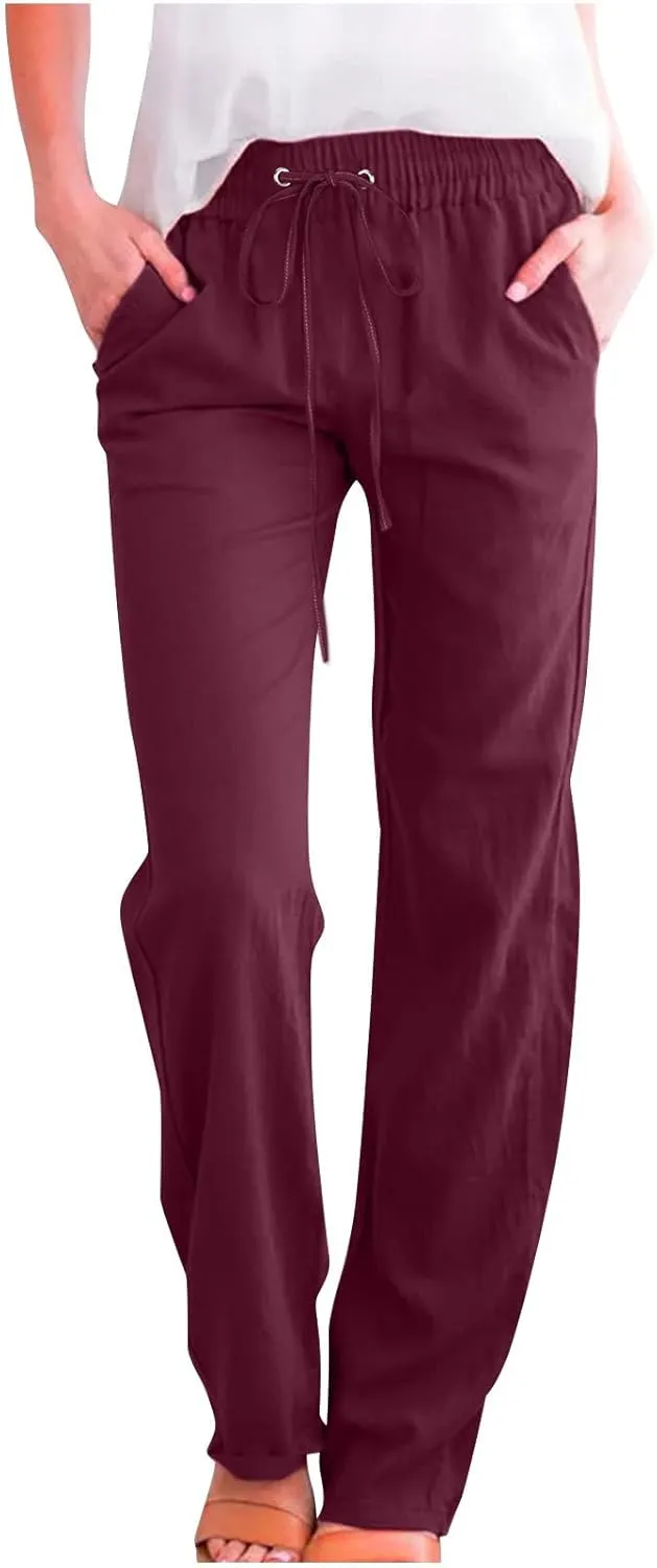Wide Leg Pants Woman Cotton Linen Summer Pants Straight Leg Elastic Waist Trousers High Waisted Drawstring Pant 2025