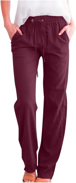 Wide Leg Pants Woman Cotton Linen Summer Pants Straight Leg Elastic Waist Trousers High Waisted Drawstring Pant 2025