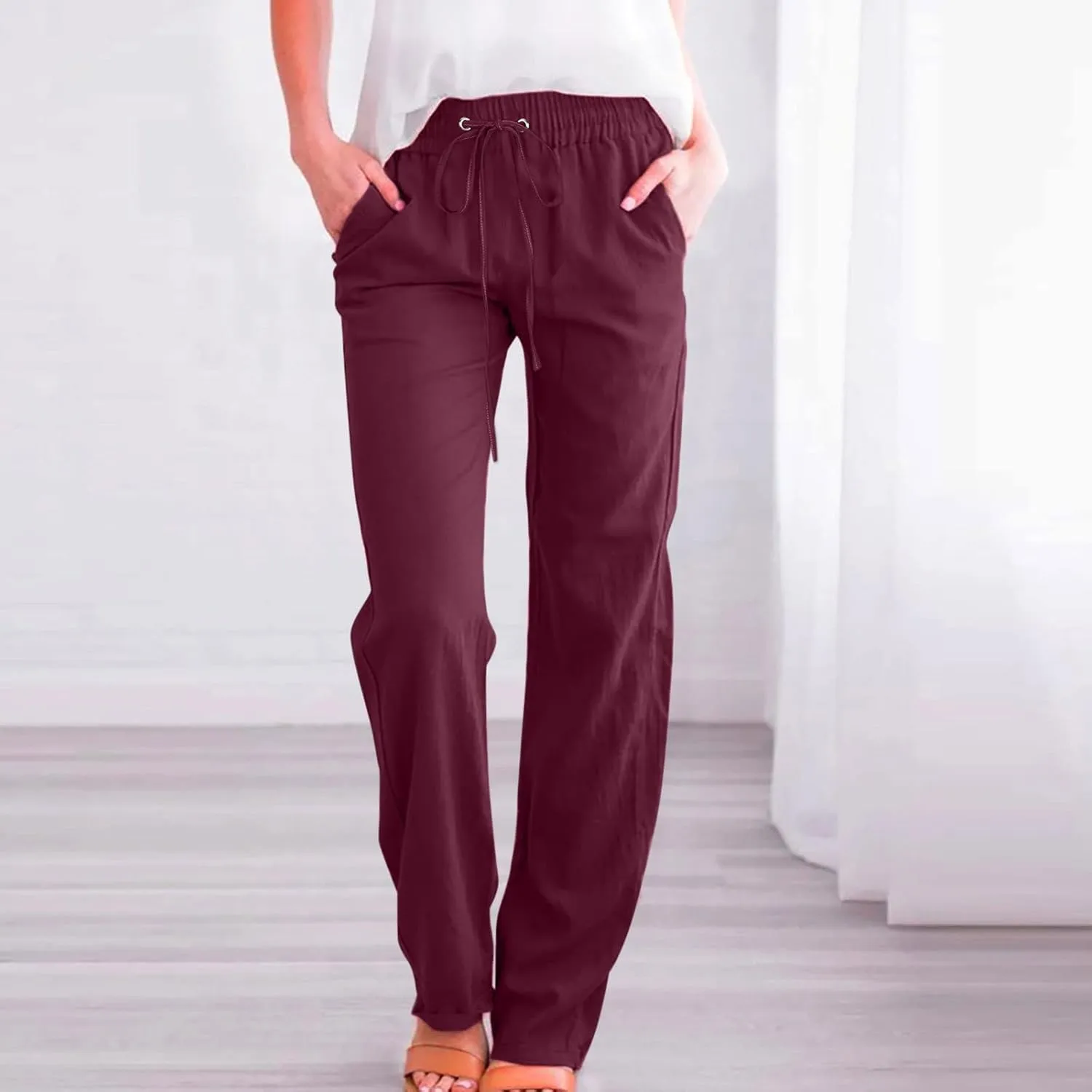 Wide Leg Pants Woman Cotton Linen Summer Pants Straight Leg Elastic Waist Trousers High Waisted Drawstring Pant 2025