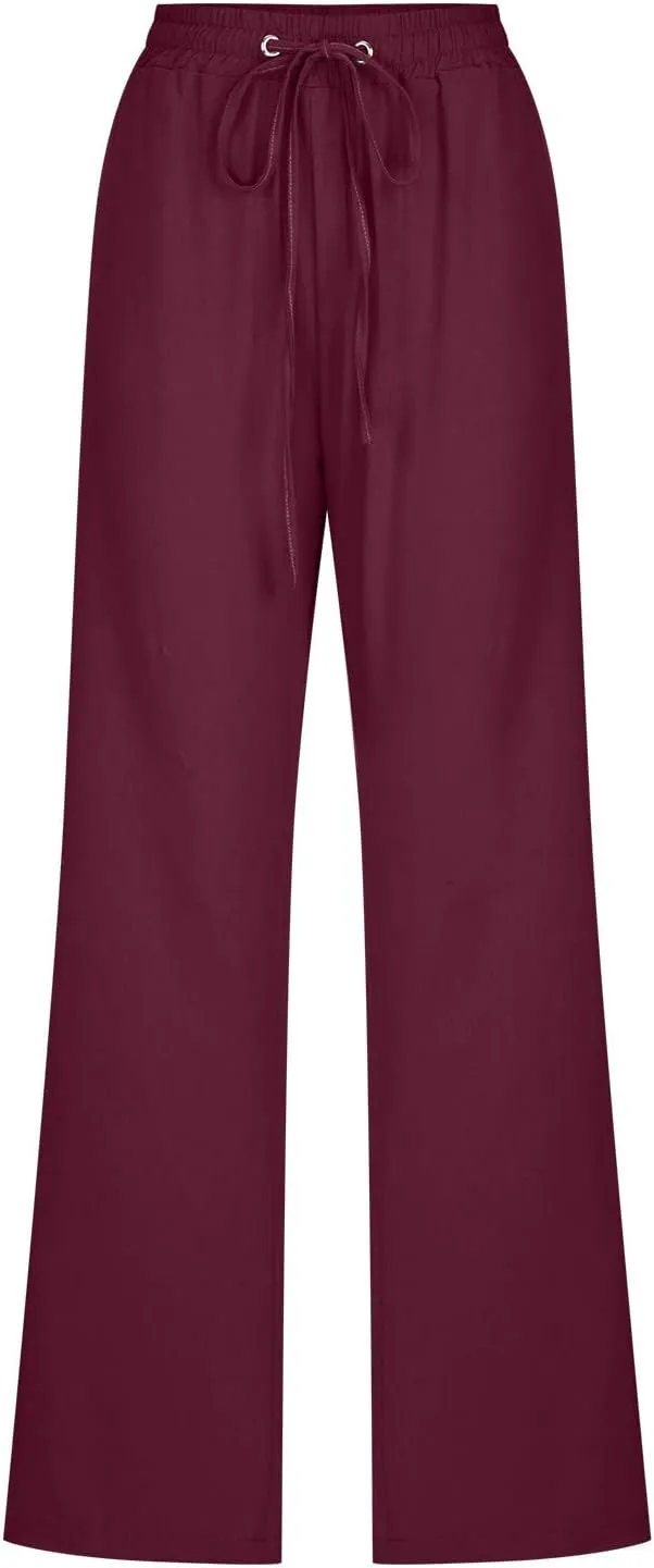 Wide Leg Pants Woman Cotton Linen Summer Pants Straight Leg Elastic Waist Trousers High Waisted Drawstring Pant 2025