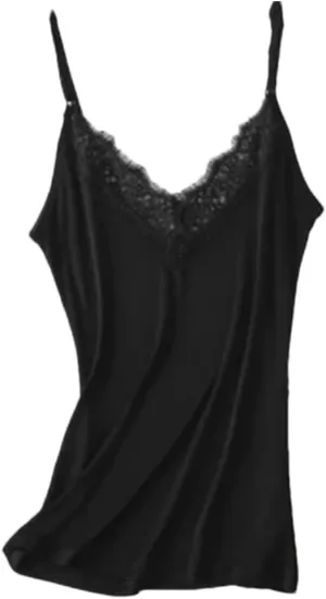 Women 30% Natural Silk Camisoles Summer Sleeveless Lace V Neck Bottoming Shirt Top
