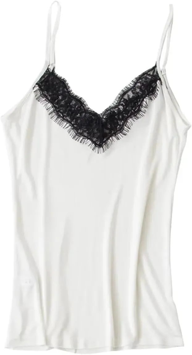 Women 30% Natural Silk Camisoles Summer Sleeveless Lace V Neck Bottoming Shirt Top