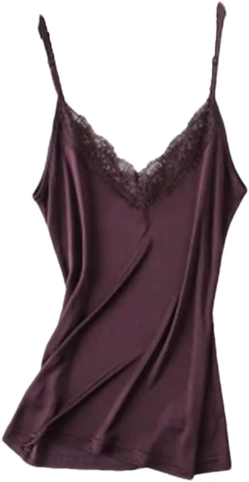 Women 30% Natural Silk Camisoles Summer Sleeveless Lace V Neck Bottoming Shirt Top