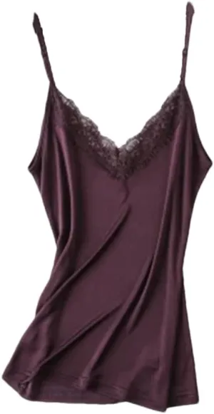 Women 30% Natural Silk Camisoles Summer Sleeveless Lace V Neck Bottoming Shirt Top