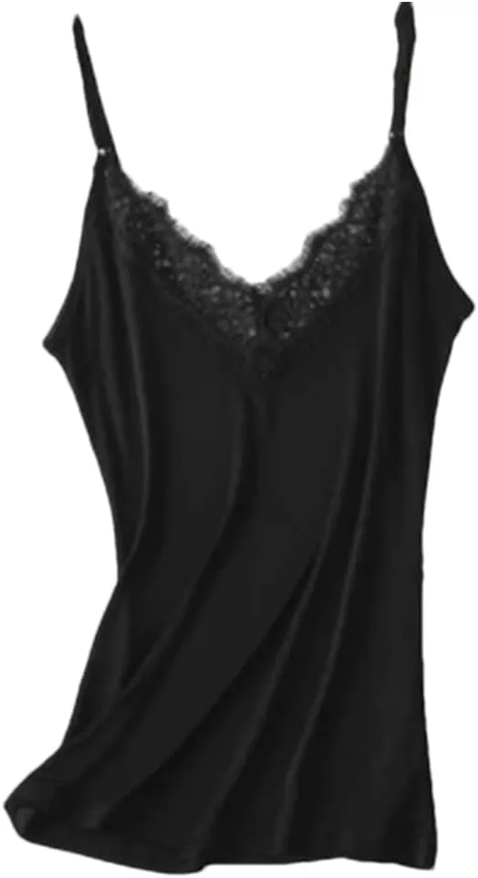 Women 30% Natural Silk Camisoles Summer Sleeveless Lace V Neck Bottoming Shirt Top