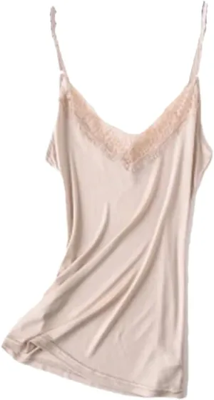 Women 30% Natural Silk Camisoles Summer Sleeveless Lace V Neck Bottoming Shirt Top