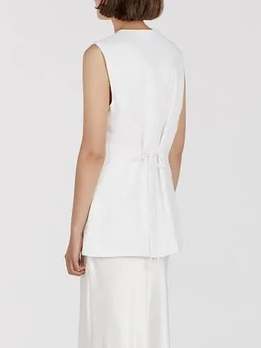 Women Cotton Linen Vest Summer Long Lightweight Button Down Sleeveless Casual Tank Tops with Drawstring