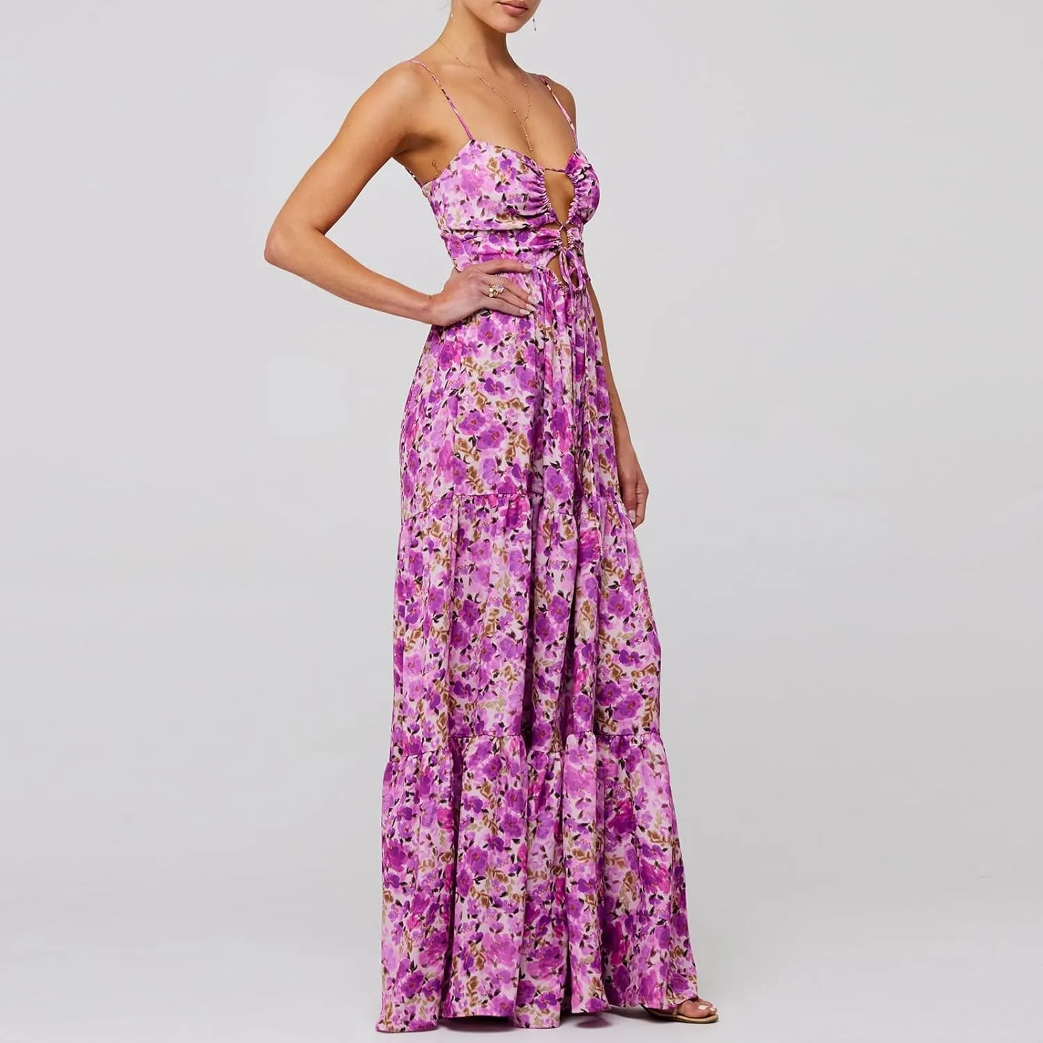 Women Floral Maxi Dresses 2025 Sleeveless Spaghetti Strap Cut Out Casual Beach Midi Long Dress