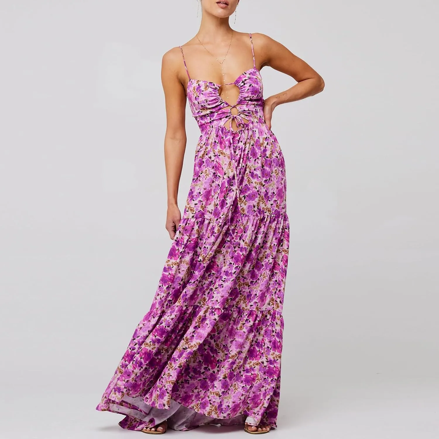 Women Floral Maxi Dresses 2025 Sleeveless Spaghetti Strap Cut Out Casual Beach Midi Long Dress