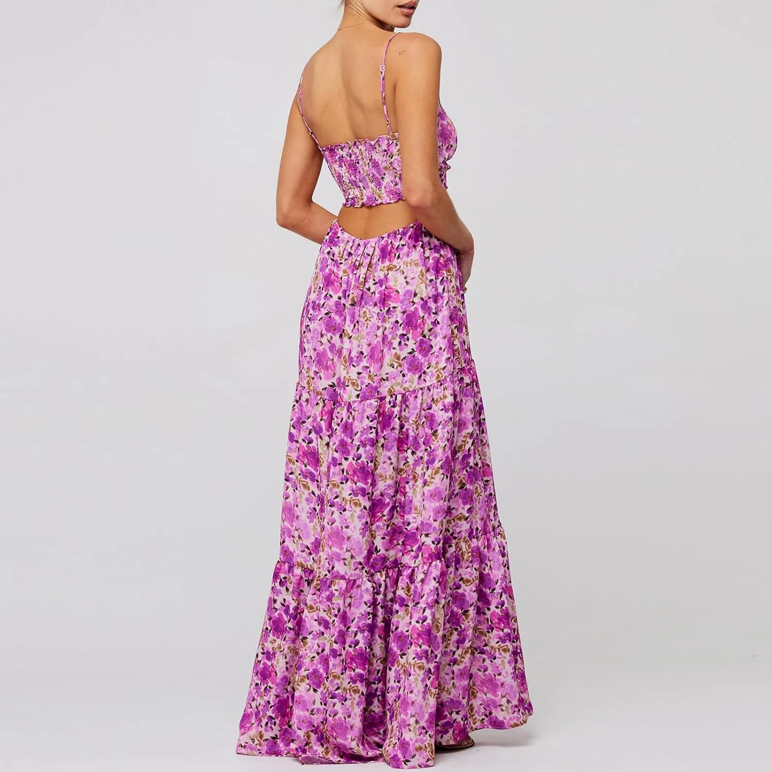 Women Floral Maxi Dresses 2025 Sleeveless Spaghetti Strap Cut Out Casual Beach Midi Long Dress