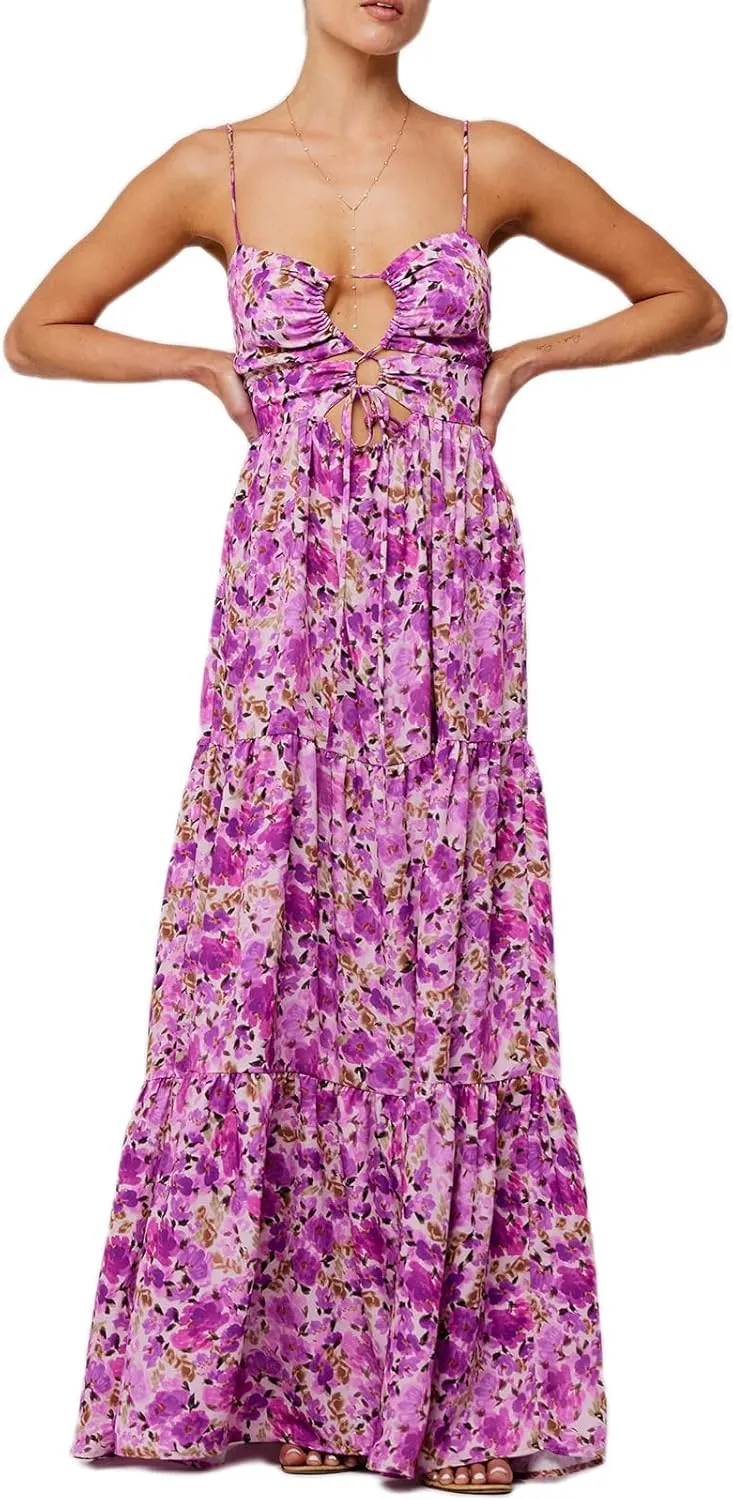 Women Floral Maxi Dresses 2025 Sleeveless Spaghetti Strap Cut Out Casual Beach Midi Long Dress