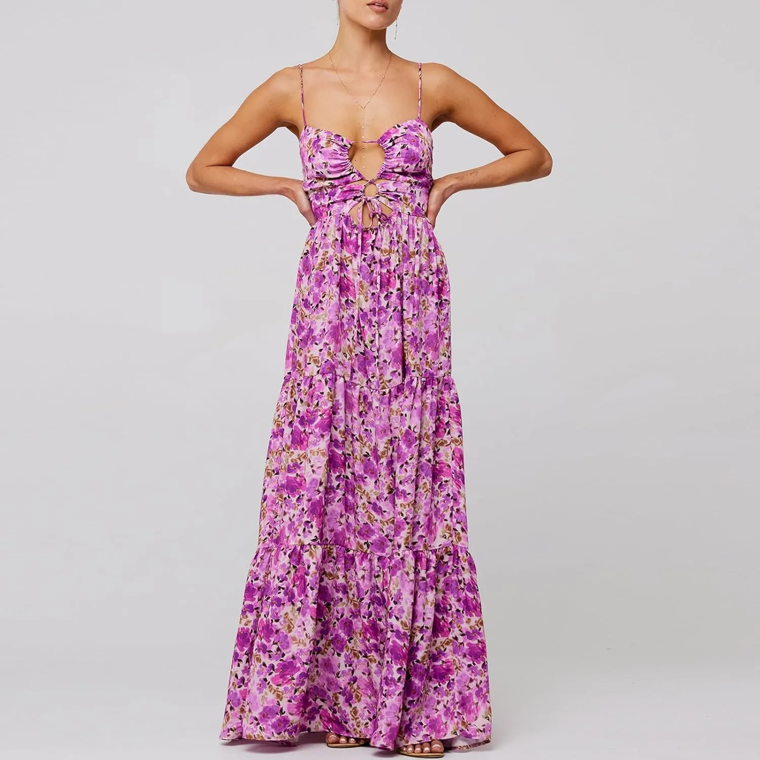 Women Floral Maxi Dresses 2025 Sleeveless Spaghetti Strap Cut Out Casual Beach Midi Long Dress