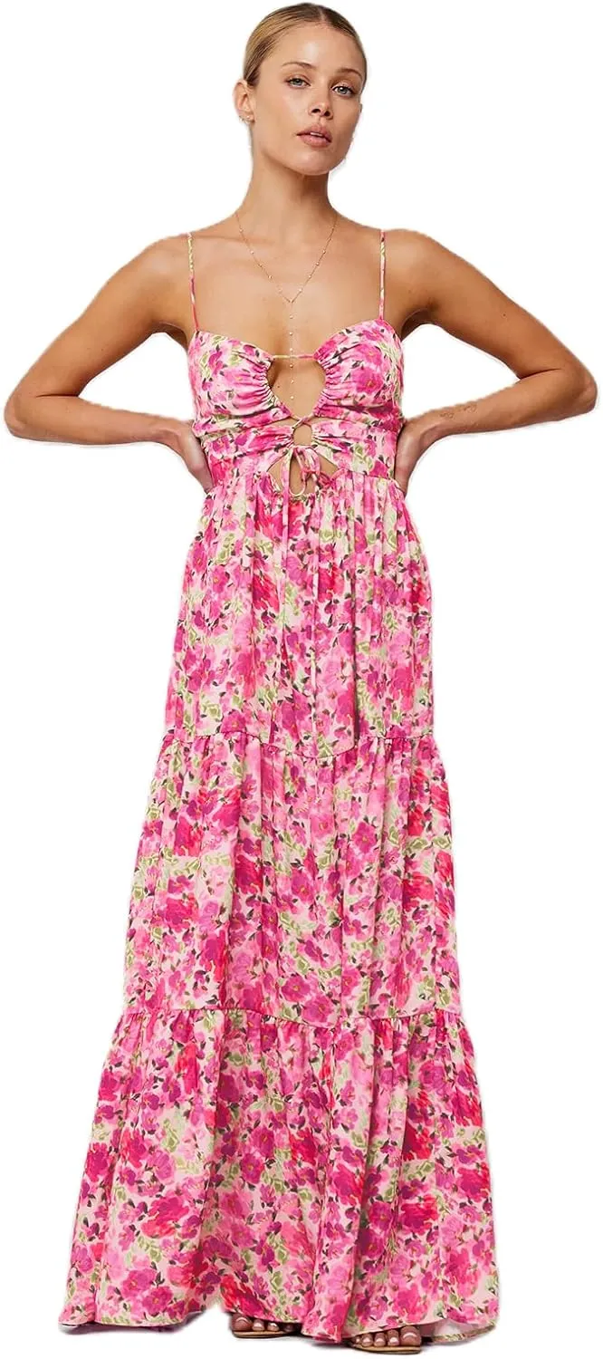 Women Floral Maxi Dresses 2025 Sleeveless Spaghetti Strap Cut Out Casual Beach Midi Long Dress