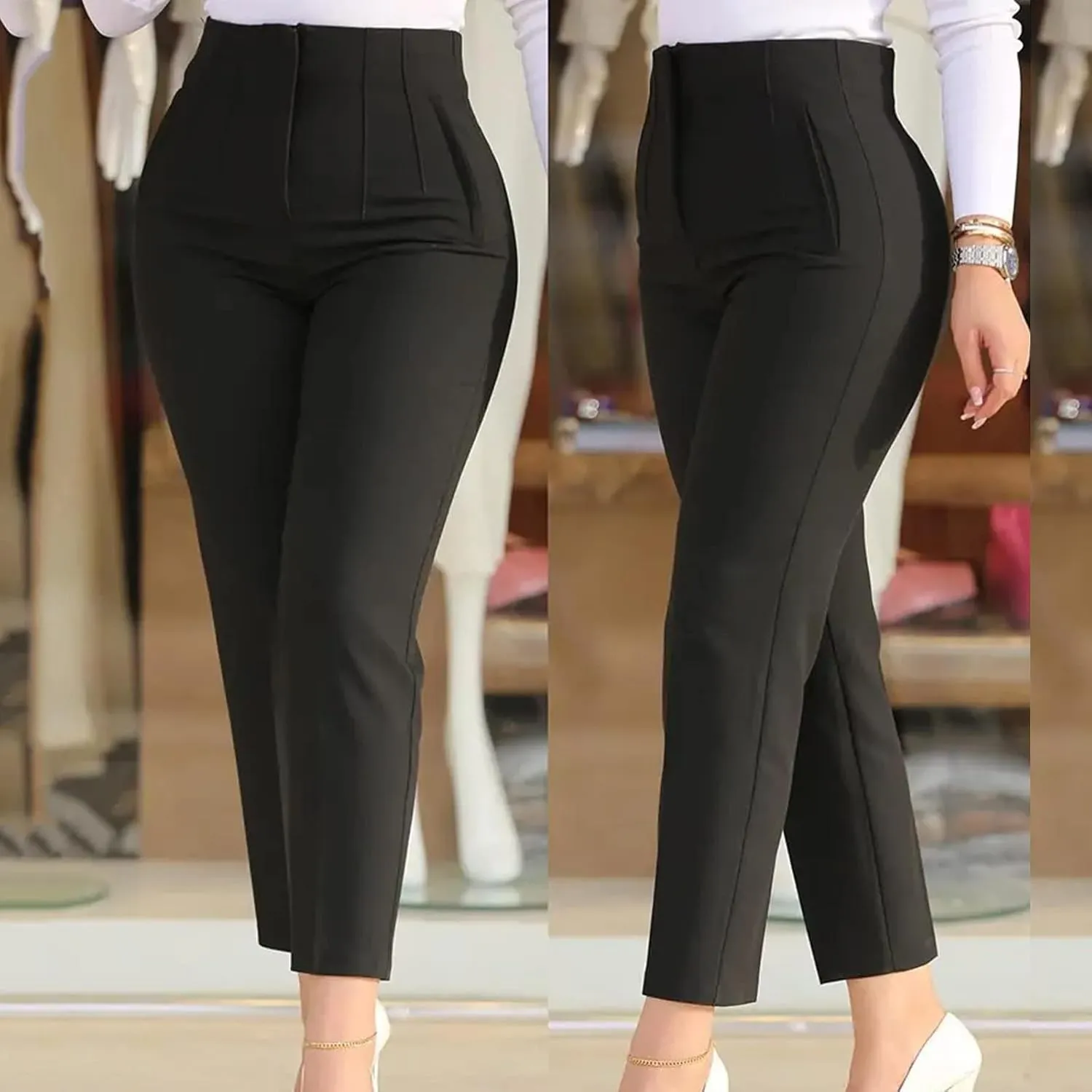 Women High Waist Cropped Work Pants Solid Zipper Trouser Pant Casual Baggy Elastic High Waist Pants for Women