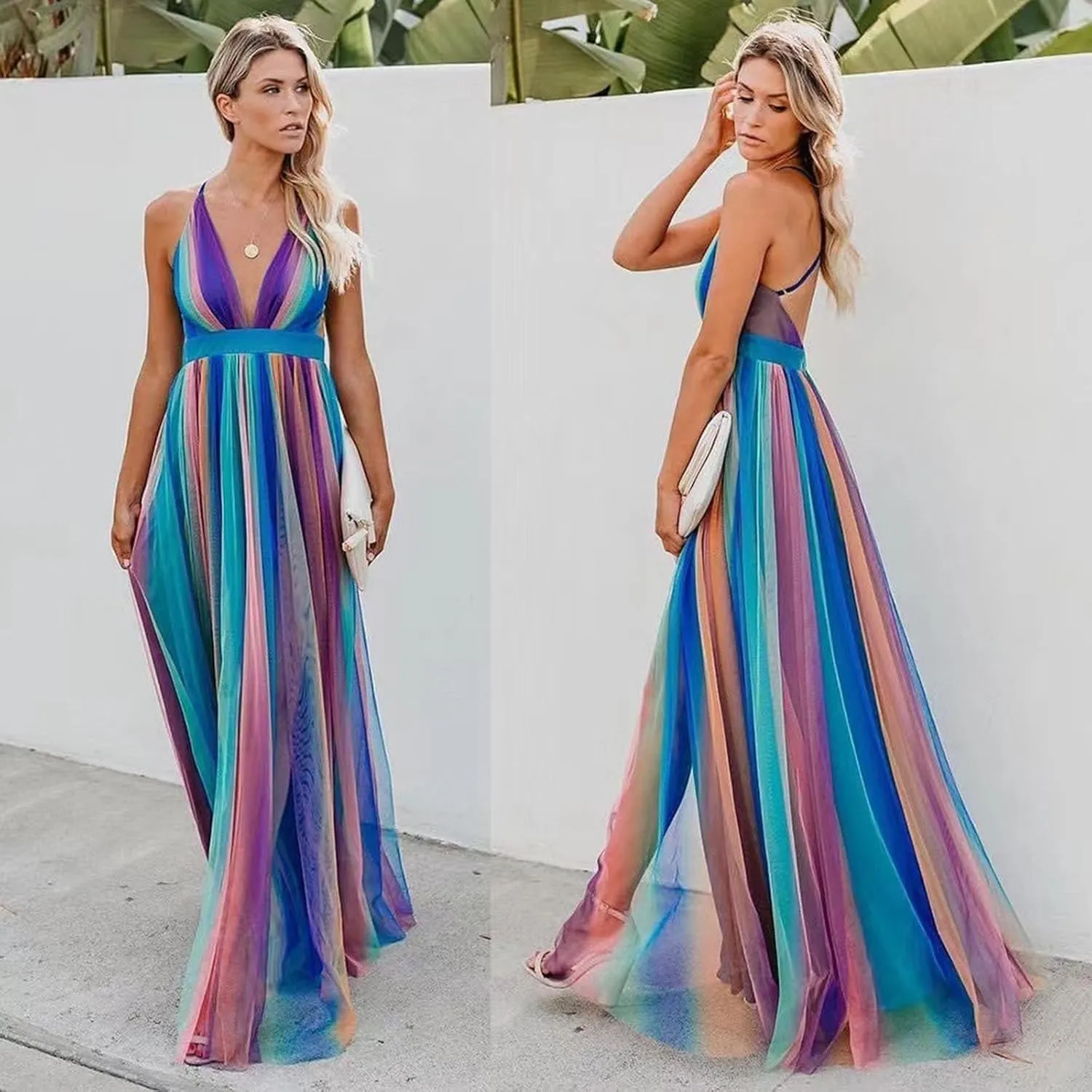Women Rainbow Summer Dress Clothes Rainbow Ruffle Strap Dress Backless Sundress LGBTQ Accessories