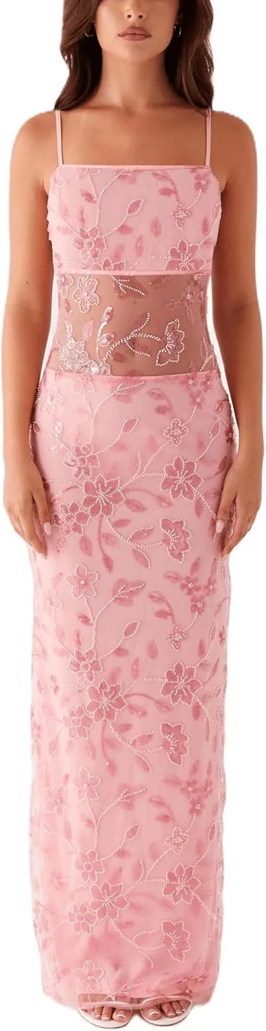 Women Sequin Sparkly Maxi Dress Y2k Square Neck Floral Cami Long Dress Side Split Glitter Bodycon Clubwear