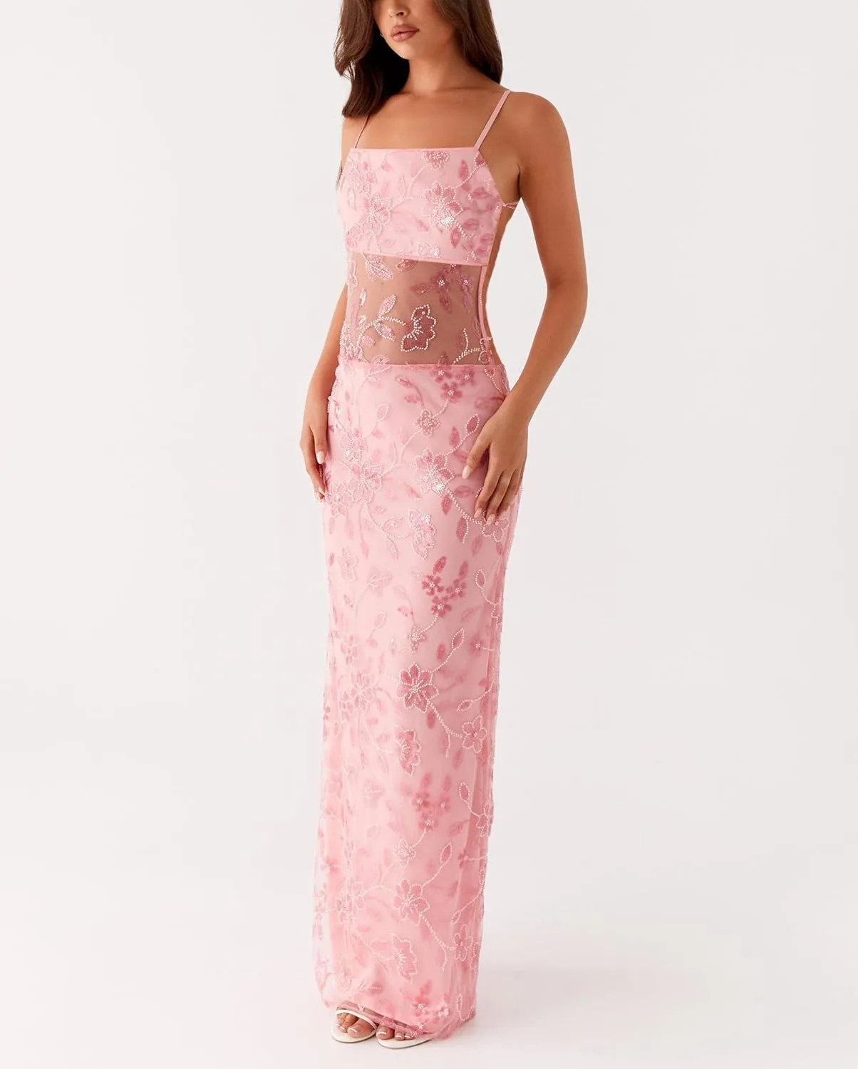 Women Sequin Sparkly Maxi Dress Y2k Square Neck Floral Cami Long Dress Side Split Glitter Bodycon Clubwear