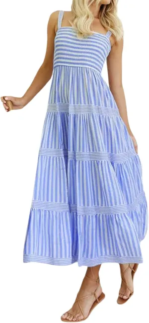 Women Striped Print Maxi Dress Spaghetti Strap Flowy Tiered Dress Sleeveless Casual Summer Sundress