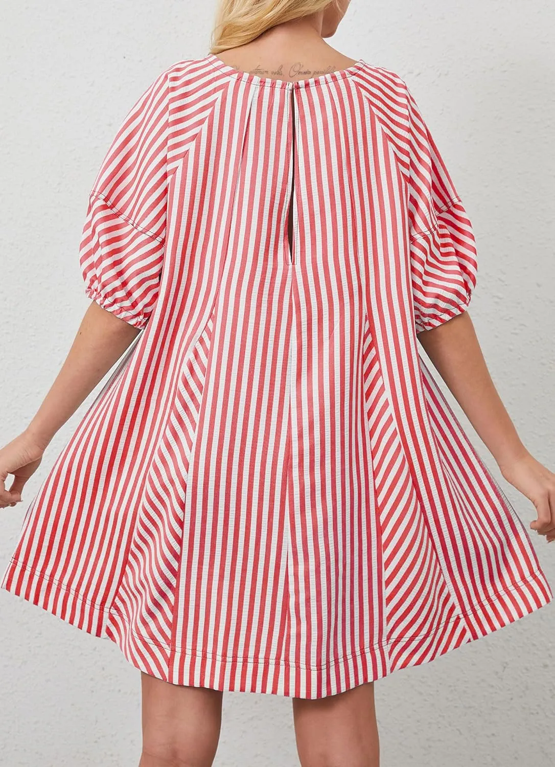 Women Striped Summer Dress with Pockets Casual Loose Puff Sleeve Mini Dress Adjustable V Neck Oversized Sundress