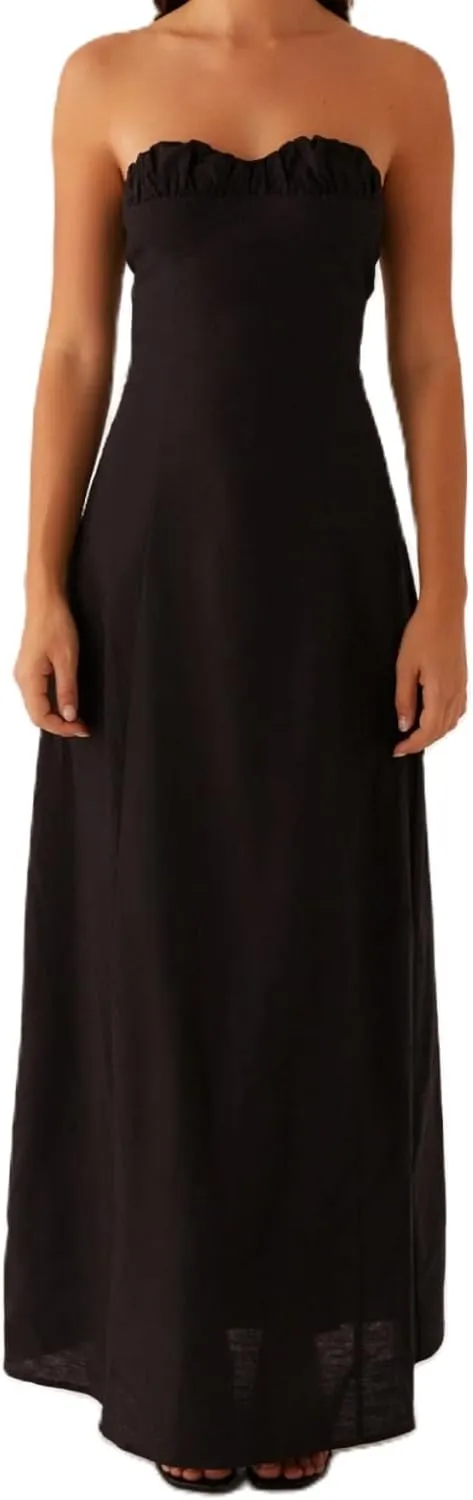 Women Tube Top Maxi Dress 2025 Elegant Sleeveless Strapless Ruched Flowy Summer Long Wedding Party Cocktail Dresses