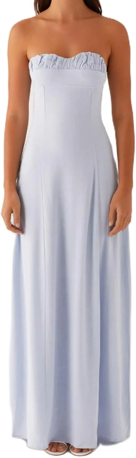 Women Tube Top Maxi Dress 2025 Elegant Sleeveless Strapless Ruched Flowy Summer Long Wedding Party Cocktail Dresses