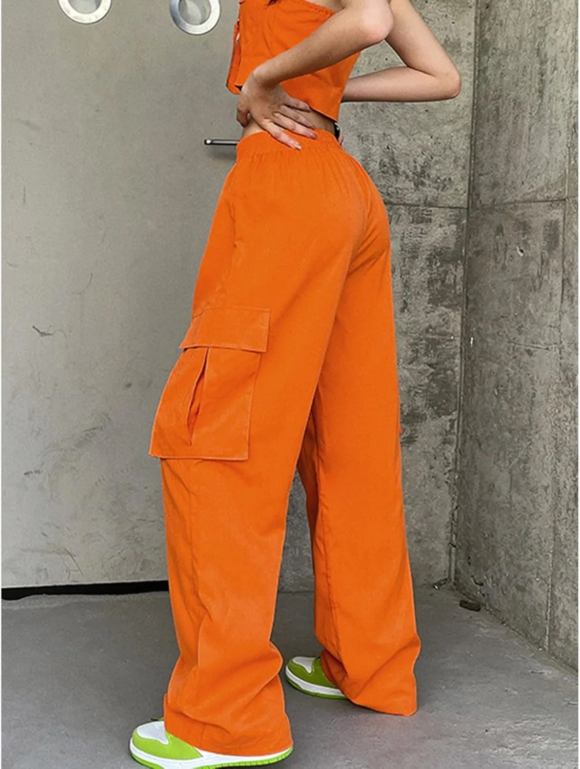 Women Y2K Baggy Cargo Pants Elastic High Waist Wide Leg Trousers with Pockets Vintage Loose Fit Jogger Streetwear