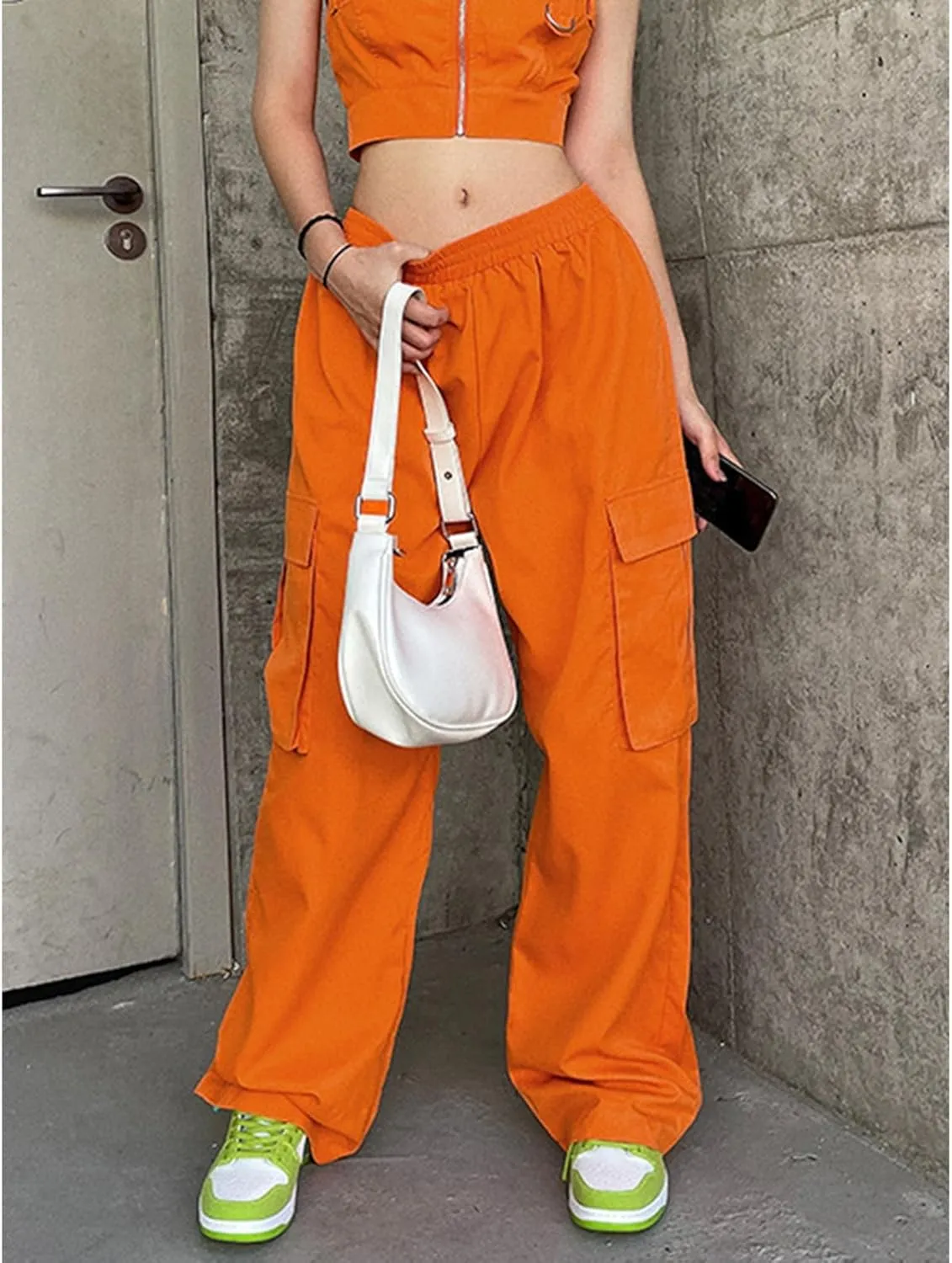 Women Y2K Baggy Cargo Pants Elastic High Waist Wide Leg Trousers with Pockets Vintage Loose Fit Jogger Streetwear