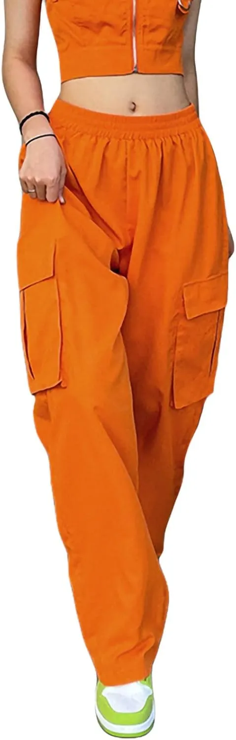 Women Y2K Baggy Cargo Pants Elastic High Waist Wide Leg Trousers with Pockets Vintage Loose Fit Jogger Streetwear