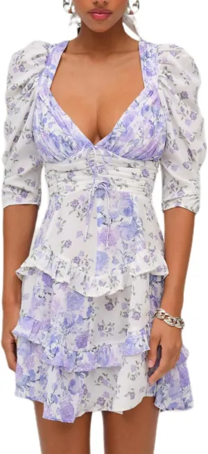 Women Y2K Floral Patchwork Mini Dress Puff Short Sleeve Tiered Ruffle Dress Bohemia Tie Up Backless Sundress