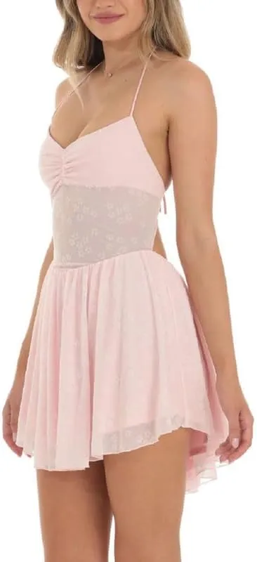Women Y2K Floral Spaghetti Strap Mini Dress Bodycon Square Neck A Line Short Dress Ruffle Sleeve Lace Up Partywear