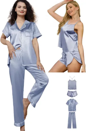 Womens 4Pcs Satin Pajama Sets Silk Pajamas Set Sexy Cami Lingerie Sleepwear Silky Pj Nightwear Pjs Loungewear