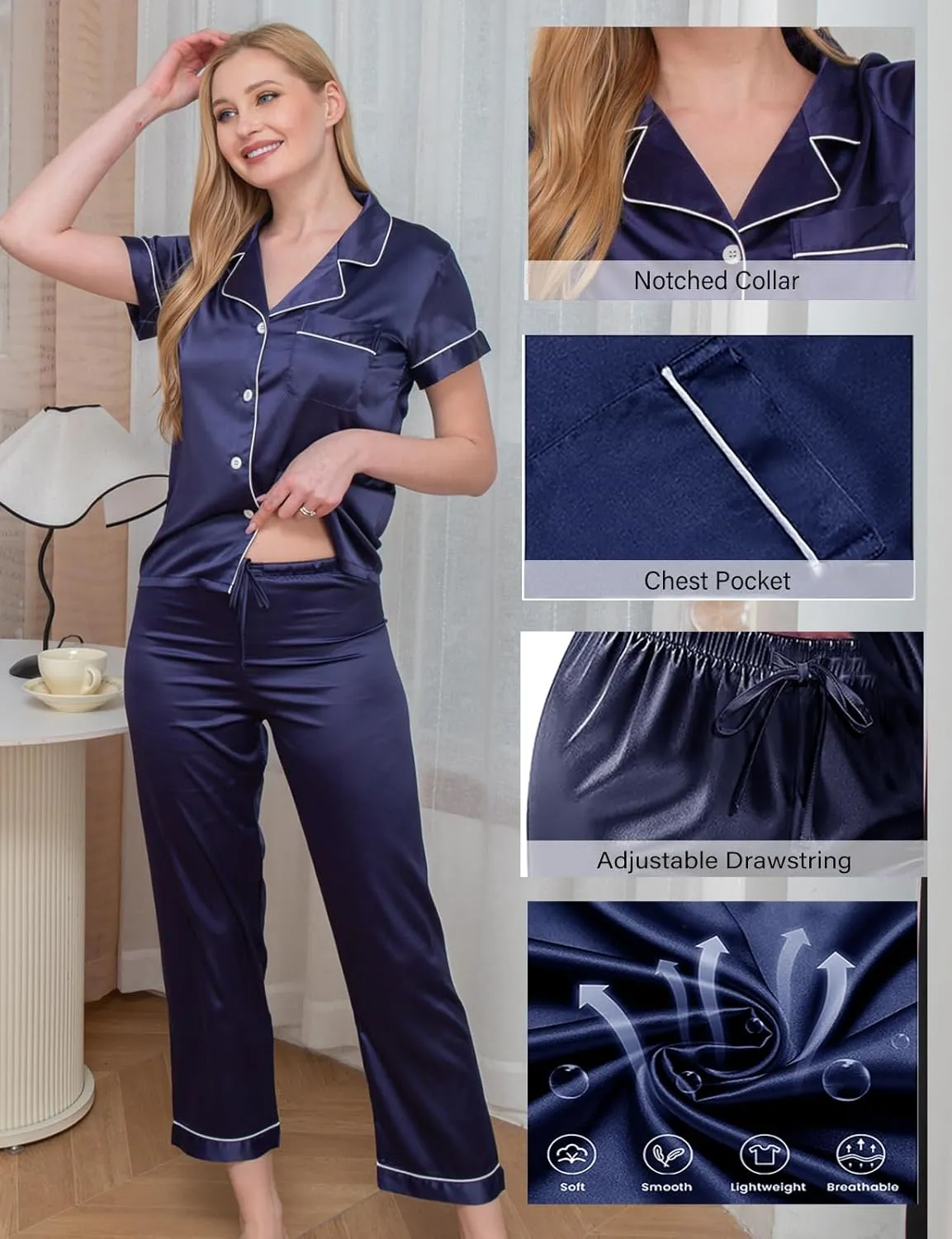 Womens 4Pcs Satin Pajama Sets Silk Pajamas Set Sexy Cami Lingerie Sleepwear Silky Pj Nightwear Pjs Loungewear