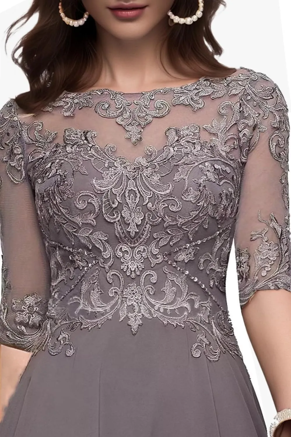 Women's A Line Tea Length Mother of The Bride Dresses with Sleeve Lace Applique Chiffon Formal Evening Gown
