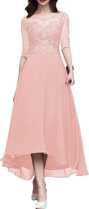 Women's A Line Tea Length Mother of The Bride Dresses with Sleeve Lace Applique Chiffon Formal Evening Gown