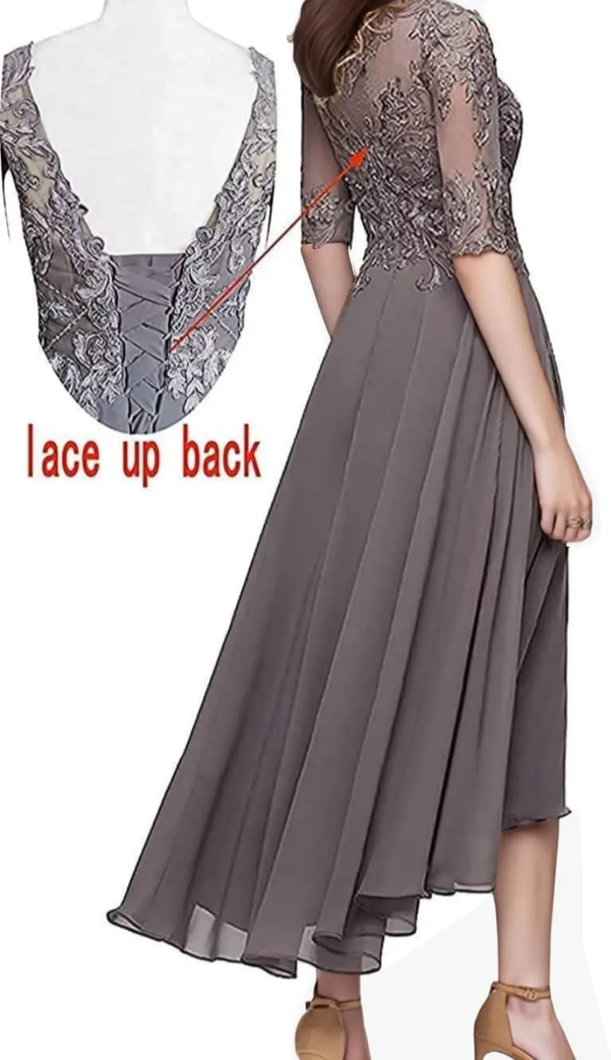 Women's A Line Tea Length Mother of The Bride Dresses with Sleeve Lace Applique Chiffon Formal Evening Gown