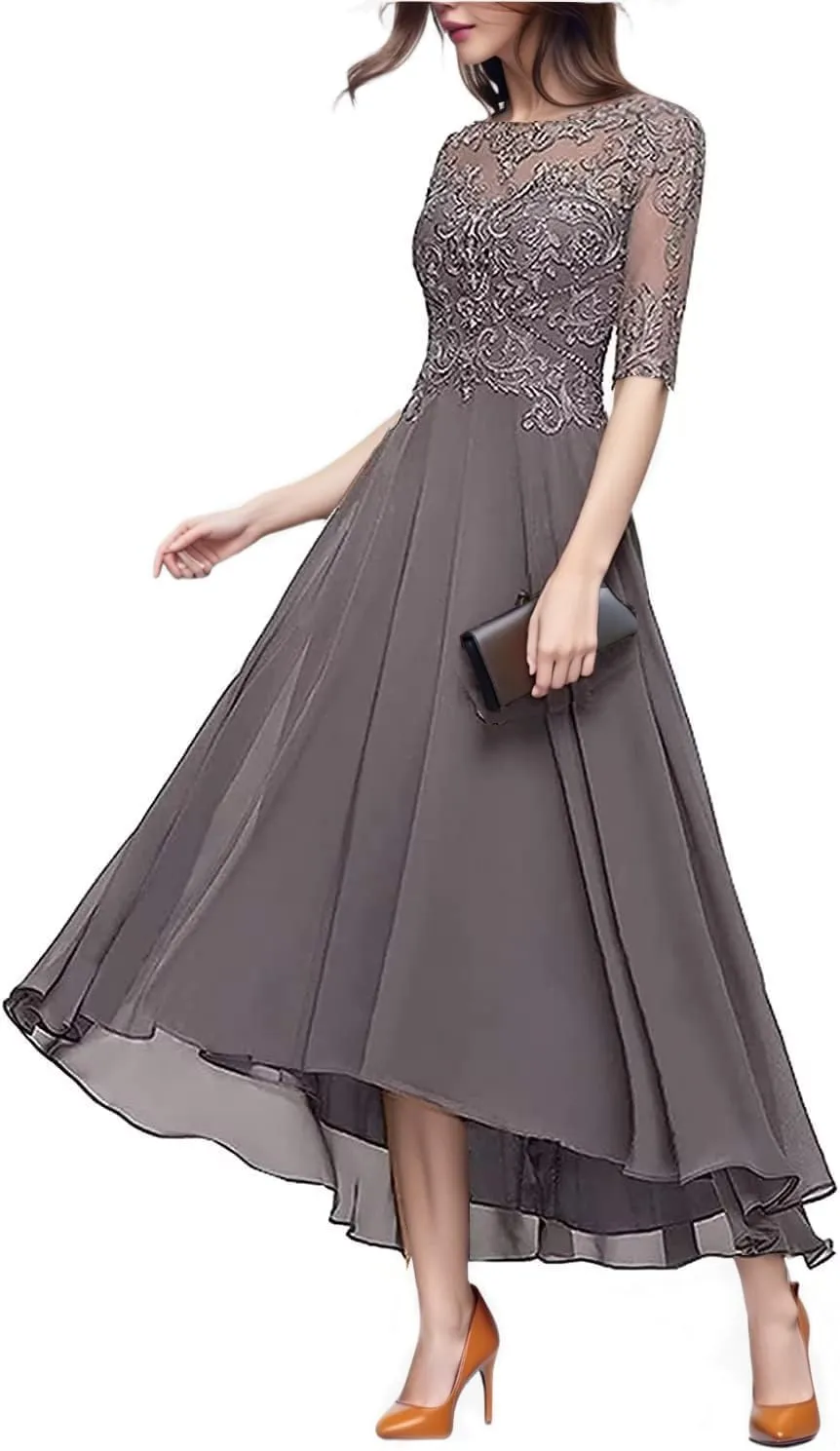 Women's A Line Tea Length Mother of The Bride Dresses with Sleeve Lace Applique Chiffon Formal Evening Gown