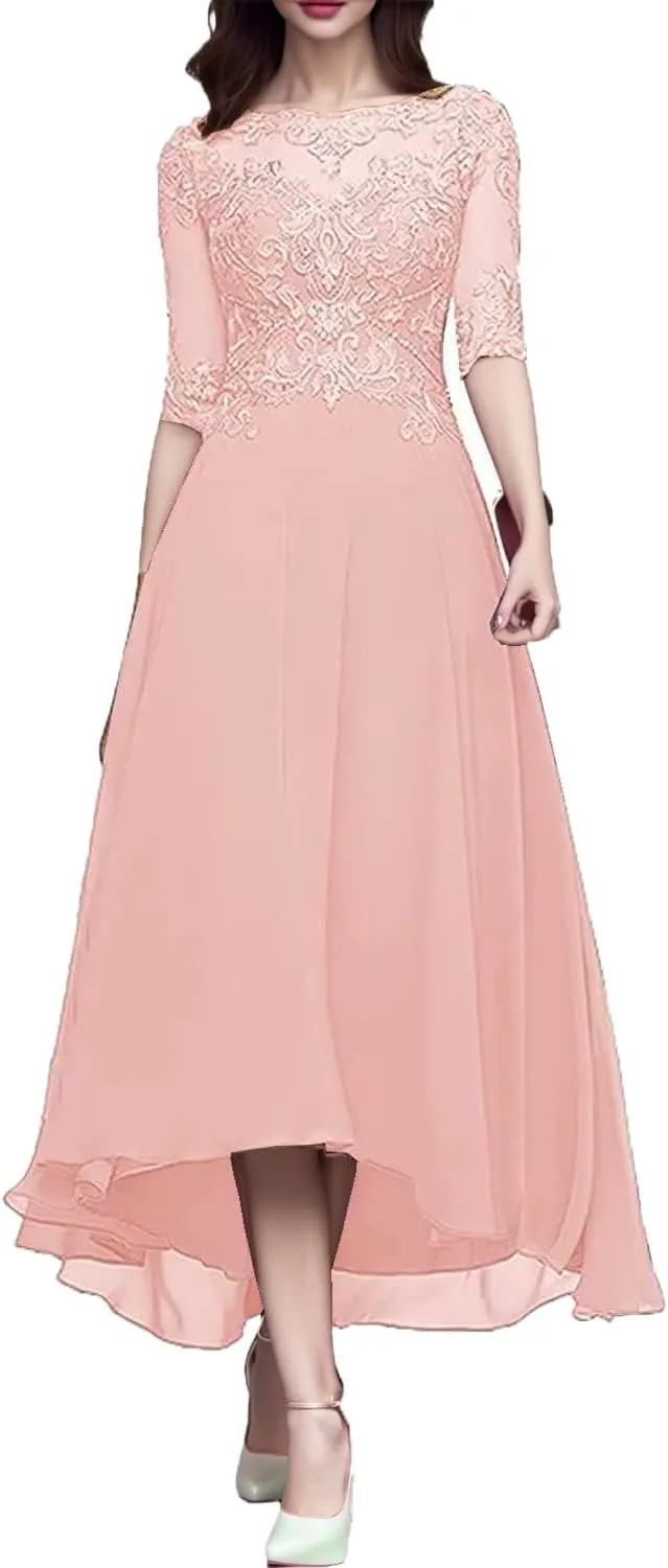 Women's A Line Tea Length Mother of The Bride Dresses with Sleeve Lace Applique Chiffon Formal Evening Gown