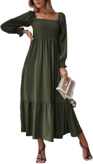 Women's Beige Square Neck Casual Maxi Dress - Regular, Large, Chiffon Blend, A-Line, Long Sleeve, High Waist, Backless, Strapless