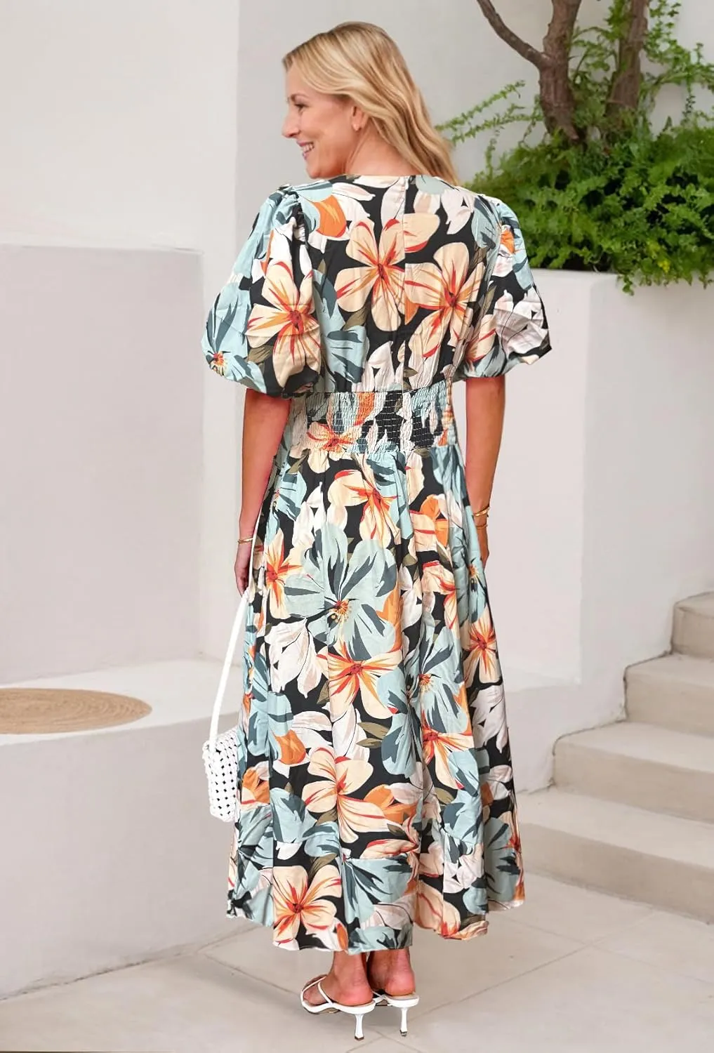 Women's Boho Floral Midi Dress Ruffle Hem Puffy Short Sleeve Summer Maxi Dress