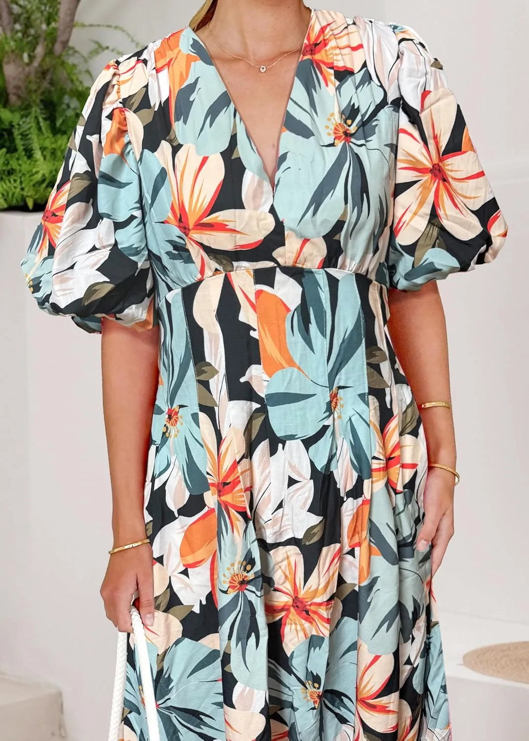 Women's Boho Floral Midi Dress Ruffle Hem Puffy Short Sleeve Summer Maxi Dress