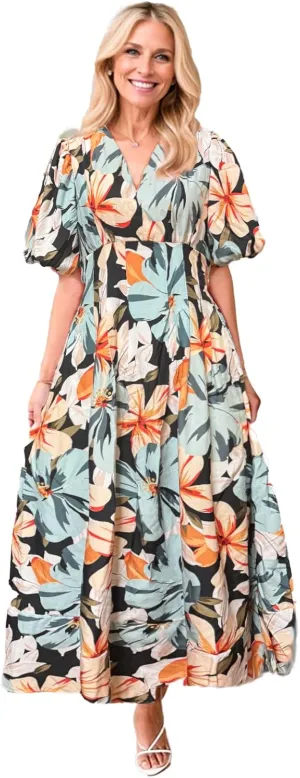 Women's Boho Floral Midi Dress Ruffle Hem Puffy Short Sleeve Summer Maxi Dress