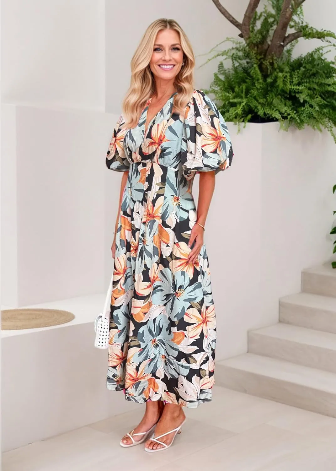 Women's Boho Floral Midi Dress Ruffle Hem Puffy Short Sleeve Summer Maxi Dress