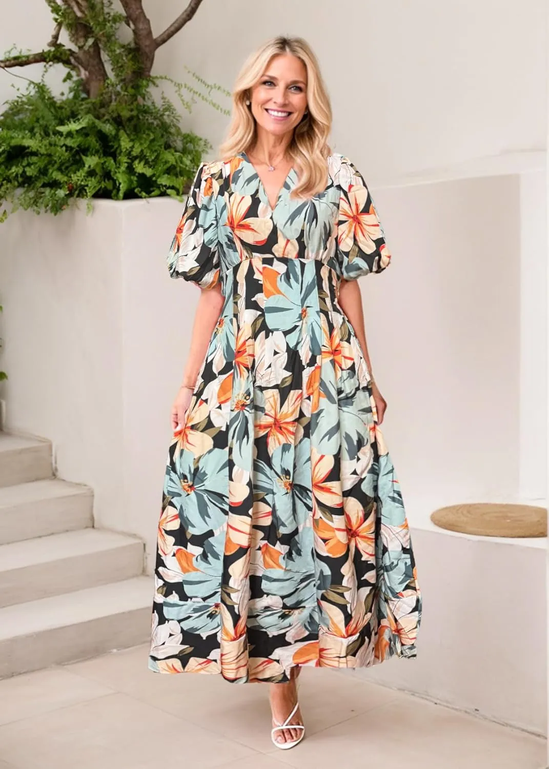 Women's Boho Floral Midi Dress Ruffle Hem Puffy Short Sleeve Summer Maxi Dress