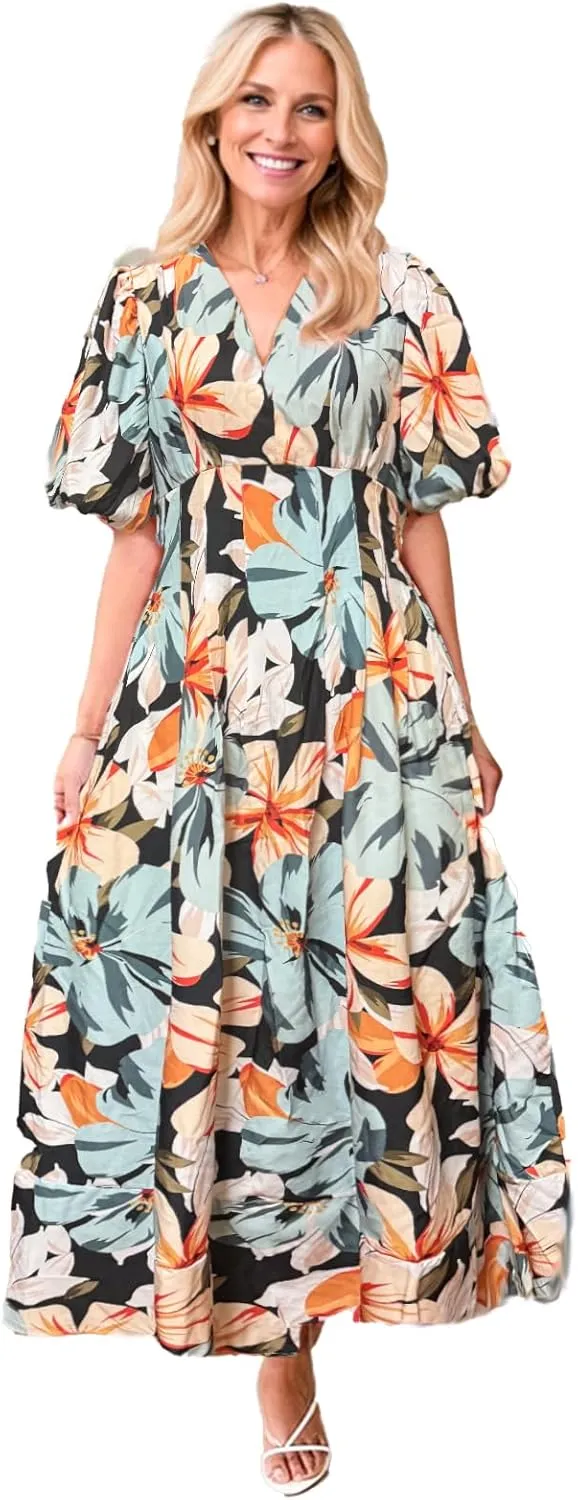 Women's Boho Floral Midi Dress Ruffle Hem Puffy Short Sleeve Summer Maxi Dress