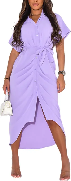 Women's Button Down Ruched Shirt Dresses Casual Short Sleeve Belted Summer Maxi Dress