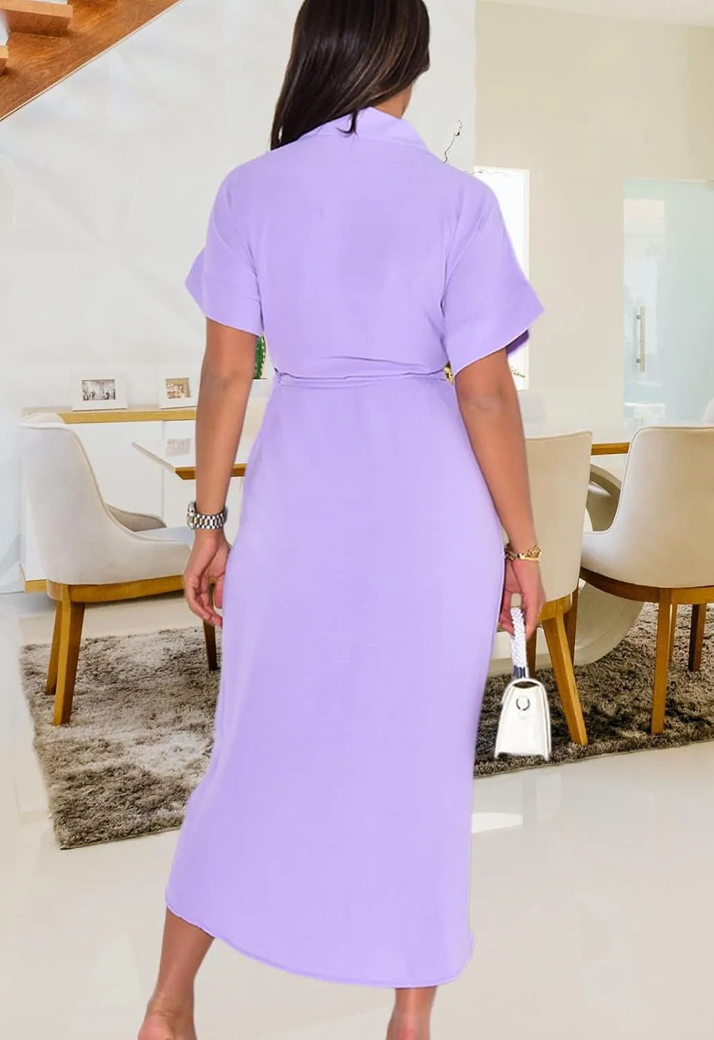 Women's Button Down Ruched Shirt Dresses Casual Short Sleeve Belted Summer Maxi Dress